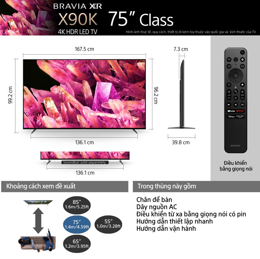XR-75X90K | BRAVIA XR | Full Array LED | 4K Ultra HD | Dải tần nhạy sáng cao (HDR) | Smart TV (Google TV)