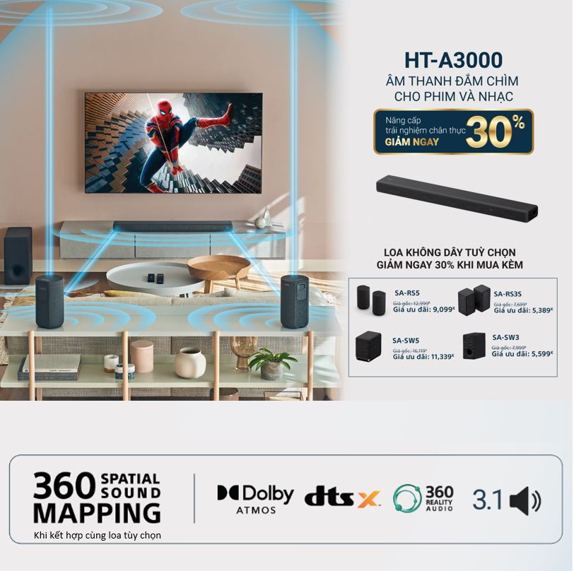 HT-A3000 | Loa thanh 360 Spatial Sound Mapping Dolby Atmos®/DTS:X® 3.1 kênh